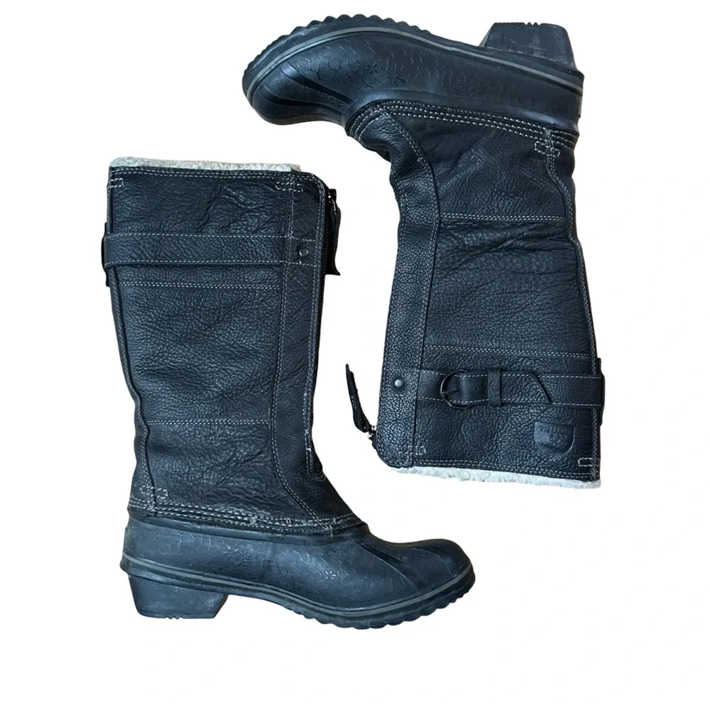 Sorel Fancy Tall Black Leather Waterproof Zip Winter Snow Duck Boots Size 6.5